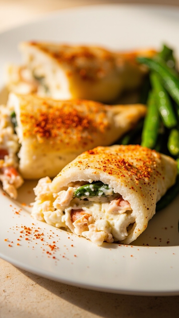 Stuffed catfish fillets with thick, creamy crab filling visible inside, served on a simple white plate with a sprinkle of paprika and a side of sautéed green beans.