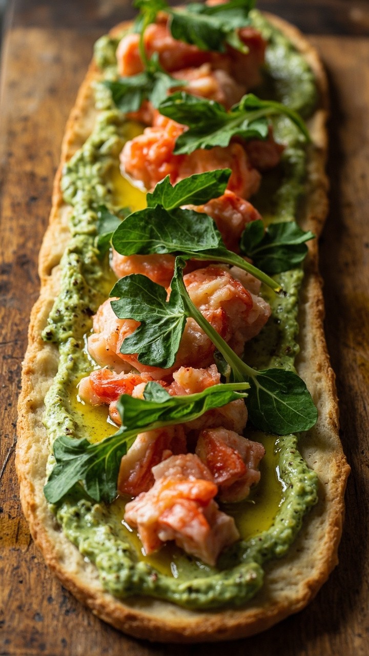 Rectangular flatbread with a thin layer of green herb cream sauce, chunks of lobster tail, scattered arugula leaves, and a drizzle of olive oil, sliced into neat squares on a wooden cutting board.