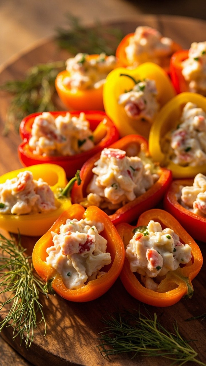 Halved mini bell peppers in yellow, orange, and red, filled with a creamy lobster salad, arranged in a circle on a rustic wooden platter with sprigs of dill scattered around.