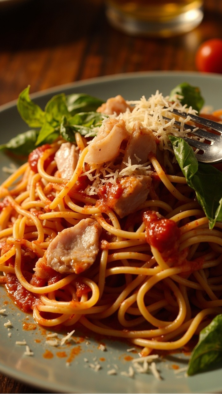A tangle of spaghetti coated in tomato sauce, dotted with flakes of tuna and scattered with torn basil leaves. Parmesan is sprinkled on top, and a fork rests artistically beside.