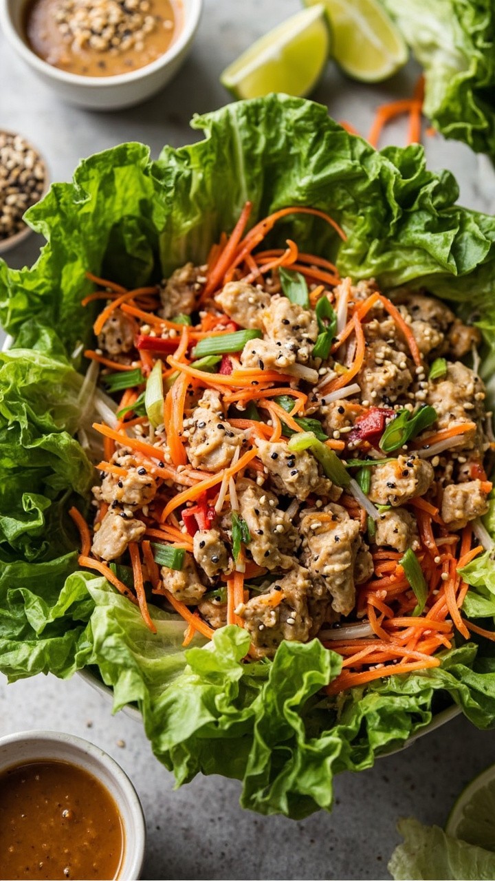 Bright green lettuce leaves filled with a mixture of tuna, finely chopped carrots, red bell pepper, green onions, and a glistening soy ginger sauce. Sesame seeds sprinkle the tops and little bowls of extra sauce and lime wedges are nearby.