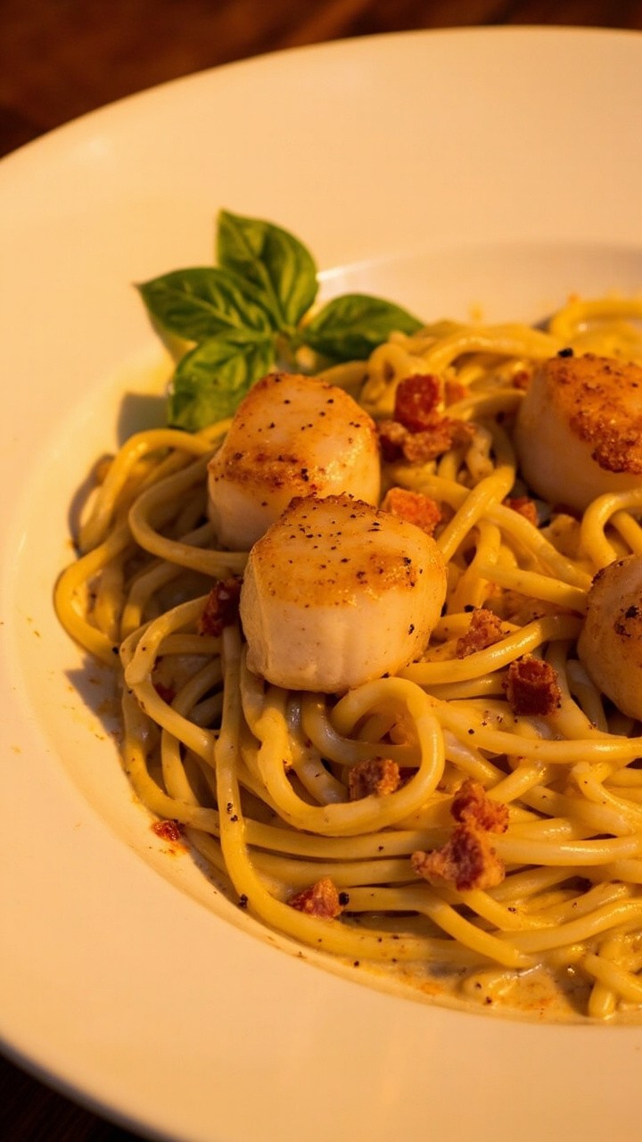 Pasta twirls glossy with creamy sauce, dotted with browned bits of pancetta, and topped with seared scallops and a dusting of black pepper. A few fresh basil leaves are scattered across the plate.