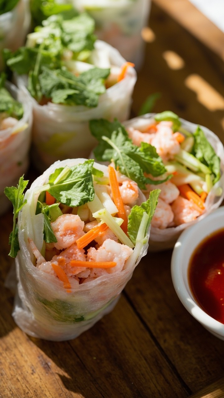 Translucent rice paper rolls filled with lobster, julienned cucumber and carrot, and green herbs, sliced in half on a wooden board with a ramekin of sweet chili sauce for dipping.