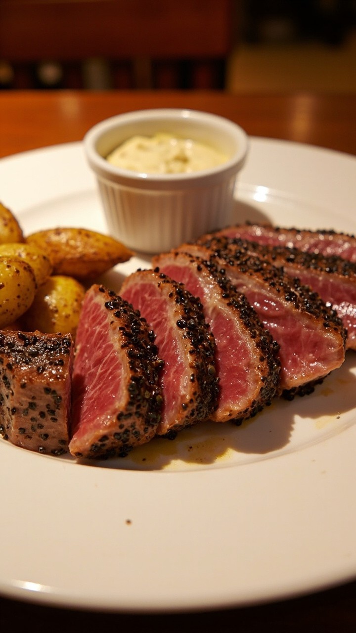 Thick tuna steak, heavily crusted with coarse cracked black pepper, sliced and fanned on a plate. Roasted fingerling potatoes and a ramekin of creamy horseradish sauce sit alongside.