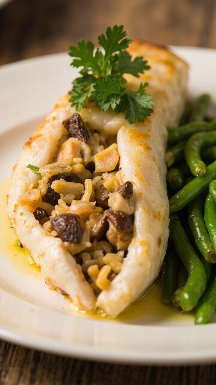 Catfish fillet stuffed with a mixture of wild rice, crab, and sliced mushrooms, with the filling peeking out. Plated beside lemony green beans and garnished with a sprig of parsley on a white dinner plate.