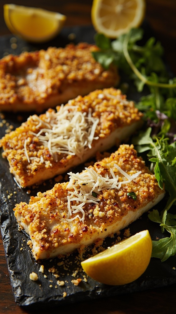 Rectangular fillets with a visibly textured garlic-parmesan crust, on a slate platter. There’s a side of lightly dressed arugula, a lemon wedge, and a dusting of extra parmesan over the hot fish.
