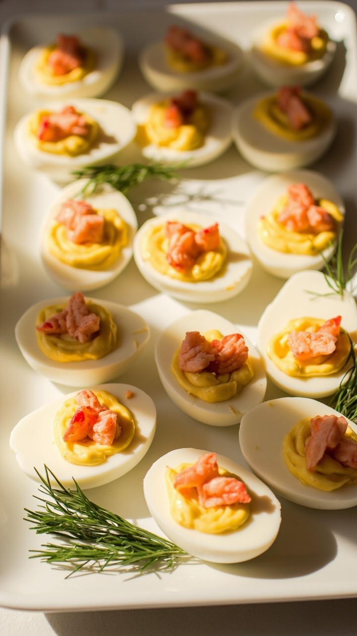 Halved eggs arranged neatly on a ceramic tray, smooth yellow yolk filling piped in, topped with small pieces of lobster meat and a dusting of fresh dill.