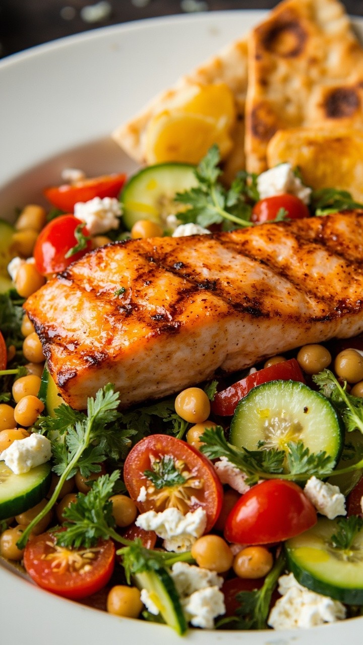 Grilled salmon fillet sits atop a chunky salad of chickpeas, cherry tomatoes, cucumber, parsley, and feta. The salad is tossed in olive oil and lemon and served in a shallow white bowl with pita bread.