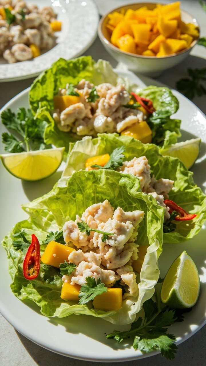 Butter lettuce leaves filled with flaked crab meat, diced mango, and sprinkled with cilantro, red chili slices, and a lime wedge on each plate. An extra bowl of diced mango sits nearby. Butter lettuce leaves filled with flaked crab meat, diced mango, and sprinkled with cilantro, red chili slices, and a lime wedge on each plate. An extra bowl of diced mango sits nearby.
