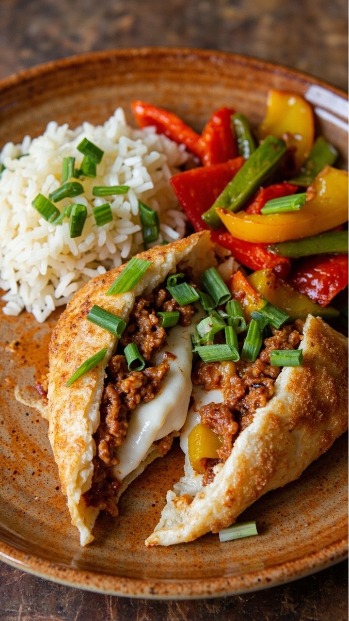 Catfish fillets split and brimming with a rustic boudin and pepper stuffing, served with a scoop of white rice and a side of sautéed bell peppers, garnished with sliced green onions on a homey speckled plate.