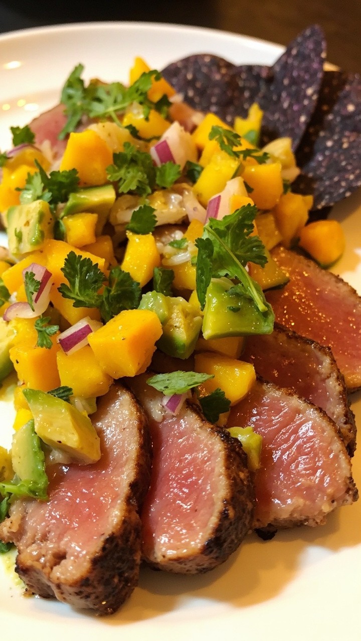 Sliced seared tuna steak fanned on a white plate, topped with a chunky salsa of diced avocado, mango, chopped red onion, cilantro, and a squeeze of lime. A few blue corn tortilla chips rest on the side.