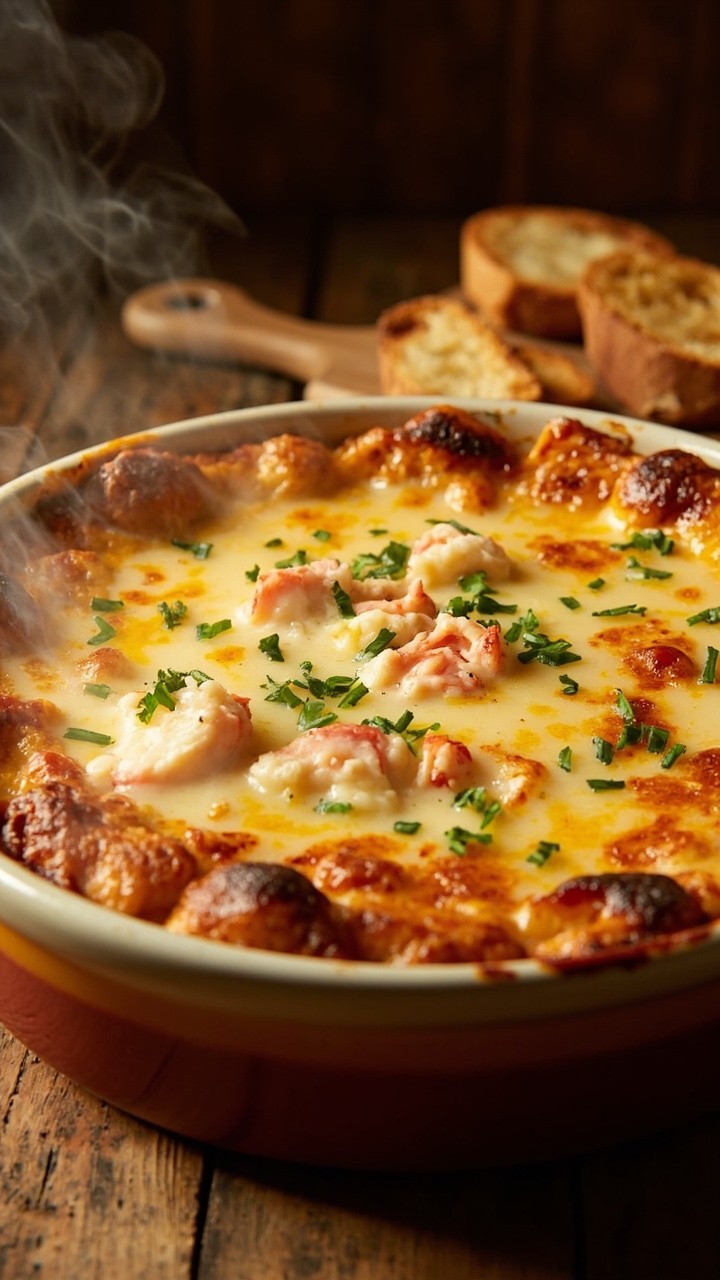 A round, shallow baking dish filled with a golden, bubbling lobster cheese dip, crusted edges, bits of lobster visible, sprinkled with chopped parsley beside slices of toasted baguette.