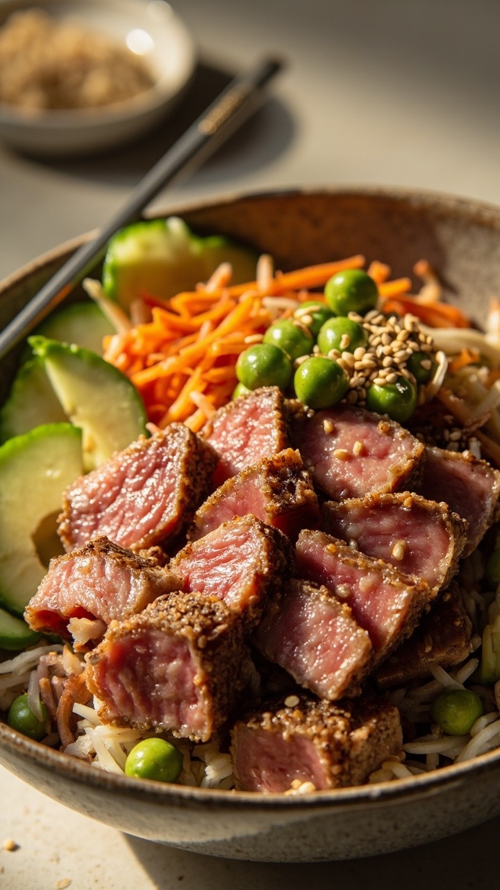 A deep bowl filled with cubes of lightly seared tuna steak, laid over sushi rice with sliced cucumber, avocado, shredded carrots, edamame, and a sprinkle of sesame seeds. Served with a pair of chopsticks.