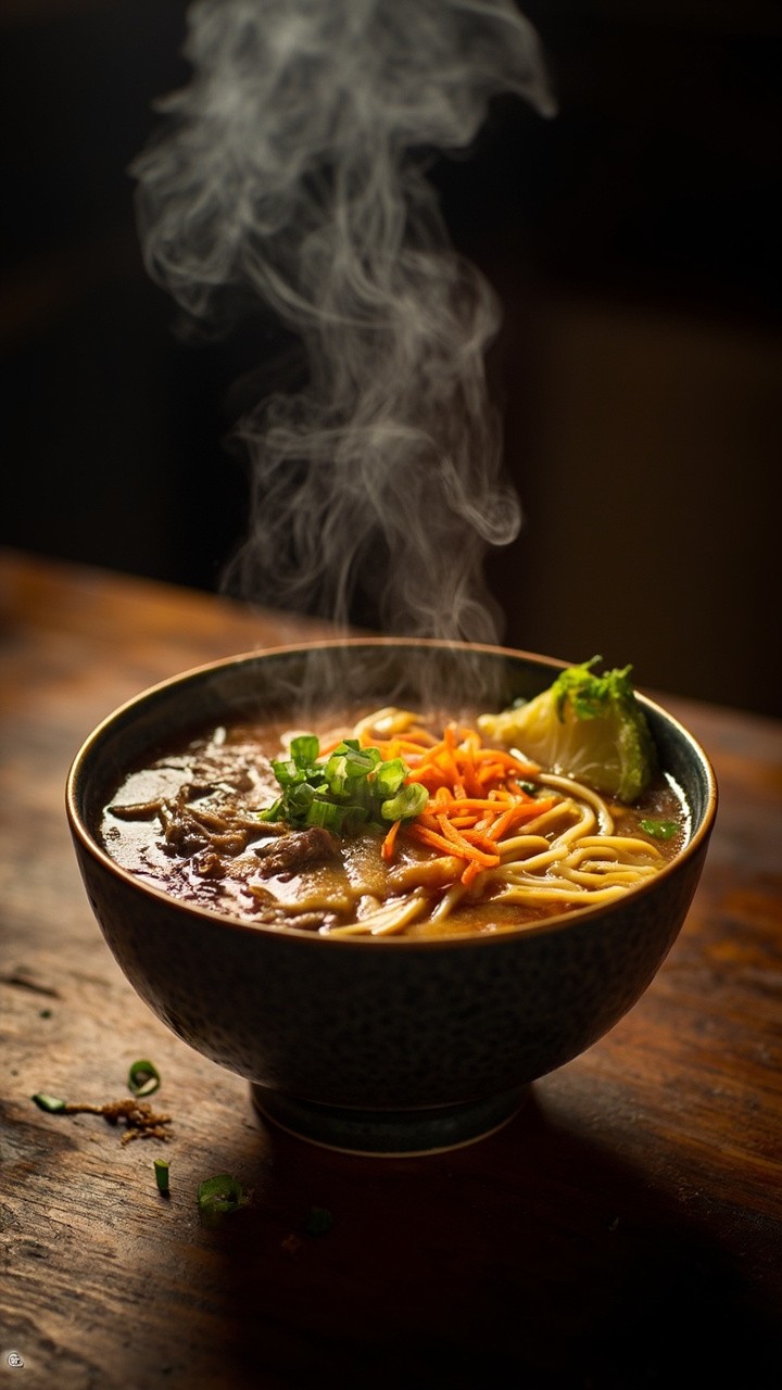A warming, steamy bowl featuring clear beef broth with visible sliced ginger, slivers of beef, ramen noodles, julienned carrots, and green onions, with a wedge of lime on the side.