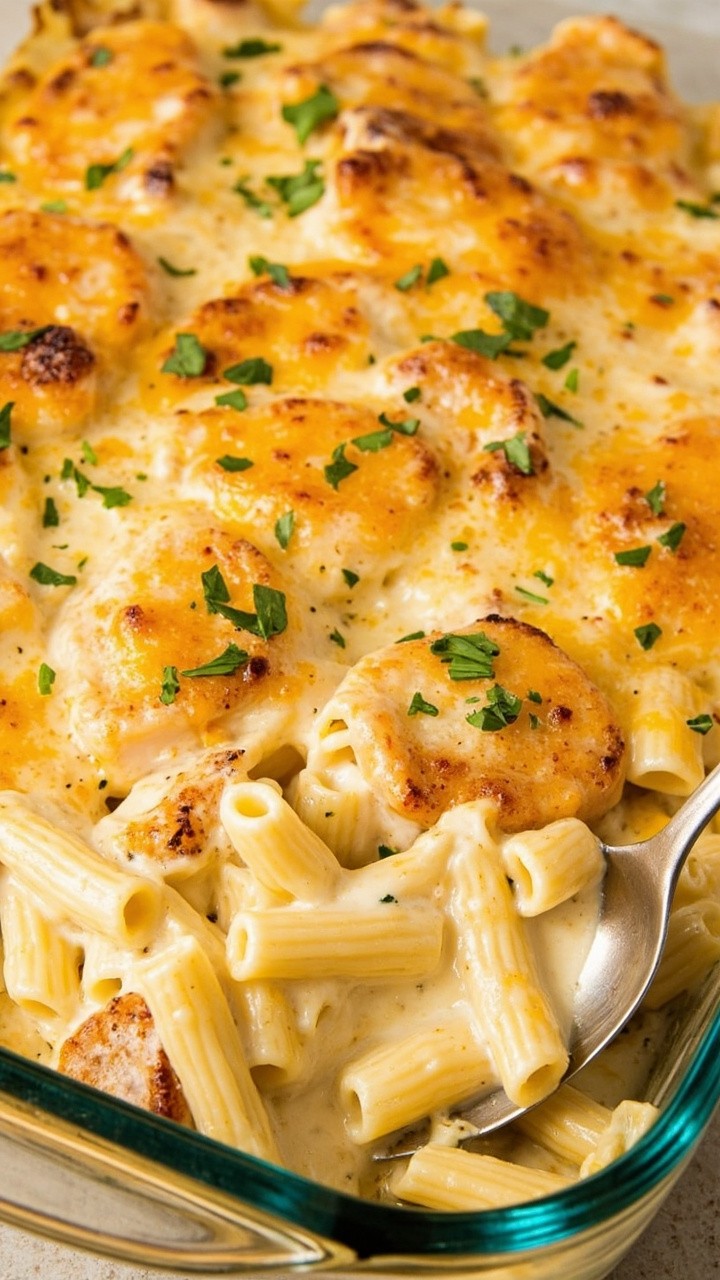 A large rectangular baking dish filled with penne pasta coated in white Alfredo sauce, visibly studded with juicy baked scallops, topped with a bubbling golden layer of broiled Parmesan cheese and parsley on top.