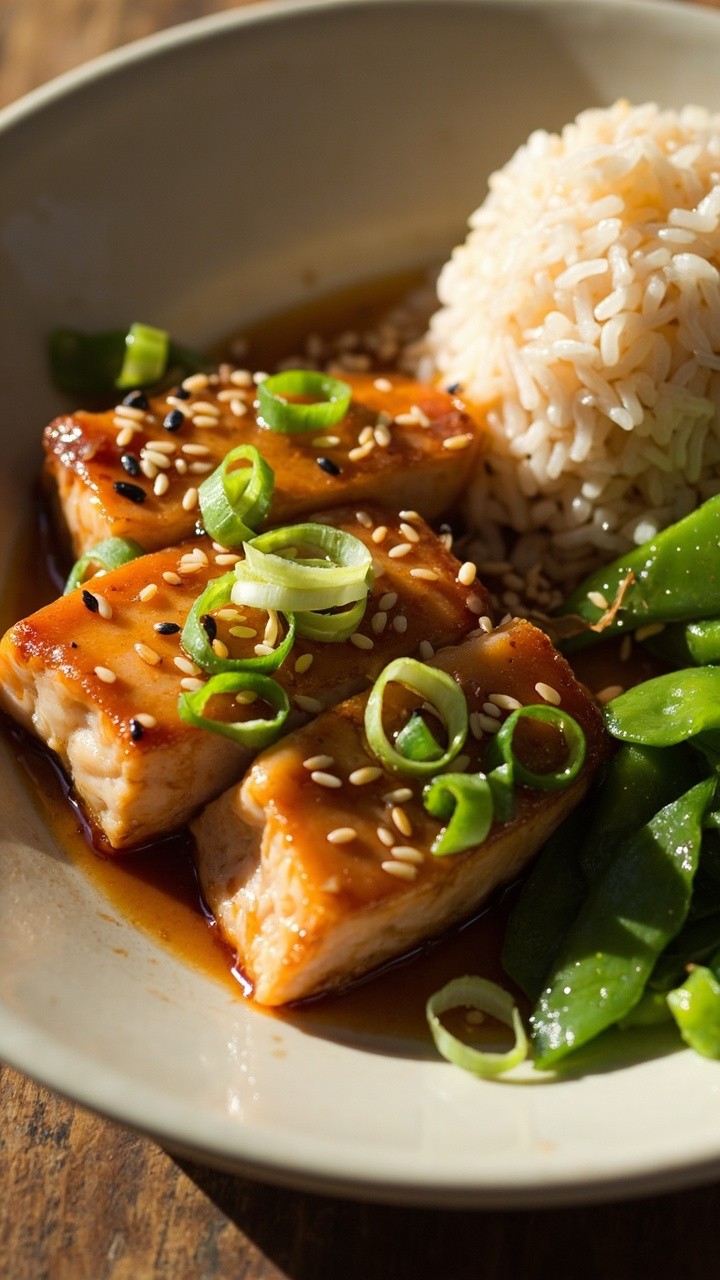 Fish fillets arranged in a shallow white dish, topped with a glossy soy-ginger glaze. Scattered green onion and sesame seeds add contrast. On the side, a small pile of steamed jasmine rice and sautéed snap peas.