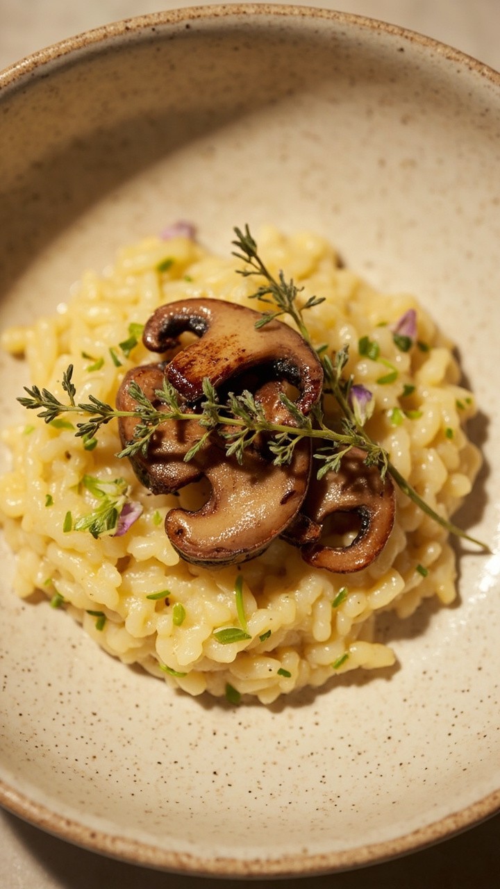 Creamy cauliflower risotto in a wide, shallow bowl, topped with sautéed mushrooms and fresh thyme. The risotto is pale, speckled with green herbs, and the mushrooms are golden-brown.