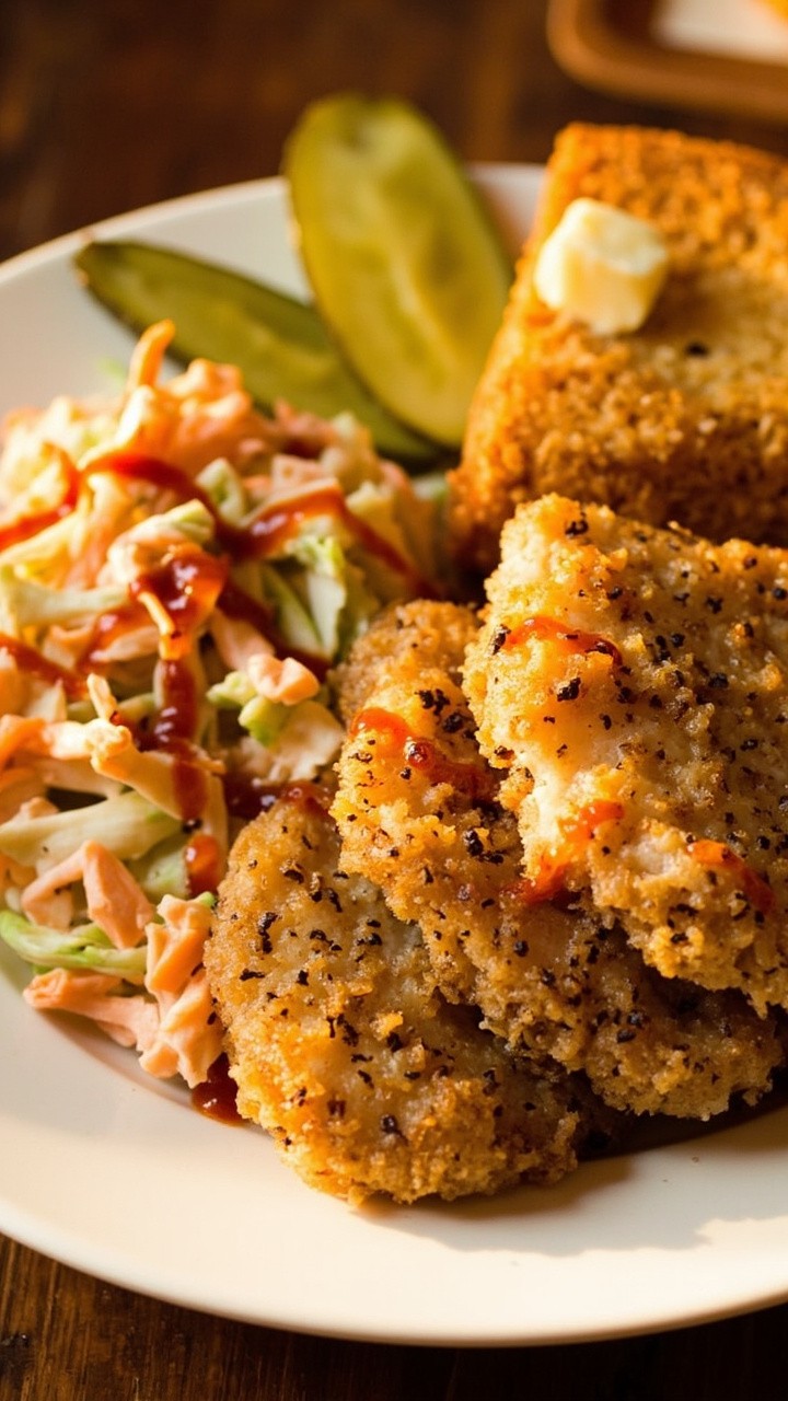 Golden cod fillets with a speckled cornmeal crust, stacked beside a heap of creamy coleslaw on a round white plate. There's a slice of cornbread in the background, with pickle slices and a drizzle of hot sauce.