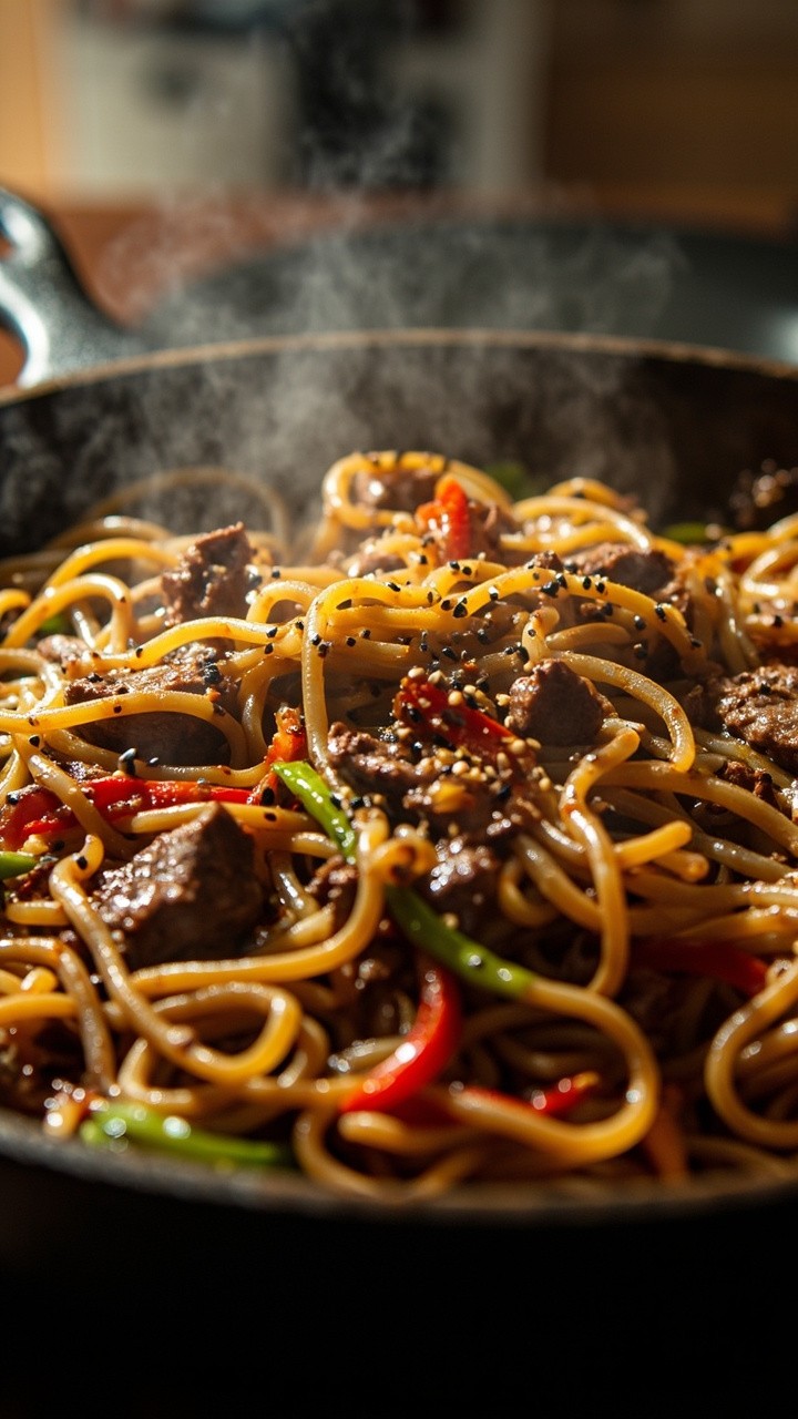 A cast-iron skillet brimming with thick ramen noodles, sliced beef, bell pepper strips in green and red, all glazed in a dark pepper sauce, garnished with black pepper and sesame seeds.