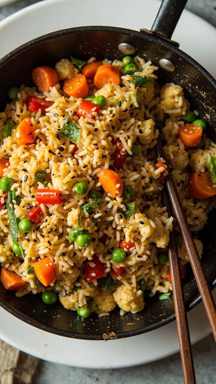 A skillet filled with golden cauliflower rice stir-fried with colorful diced carrots, peas, green onions, and red bell peppers. Garnished with sesame seeds and served on a wide, white plate with chopsticks.