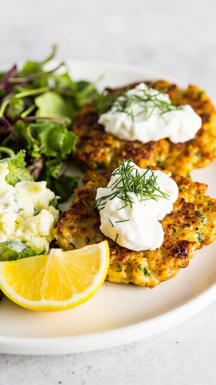 Three golden brown tuna potato patties on a white dinner plate, with crisp edges, topped with a dollop of Greek yogurt and chopped dill. A wedge of lemon and a handful of mixed greens are arranged on the plate.