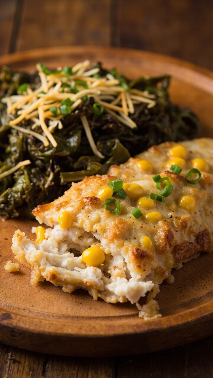 Baked catfish fillet cut open to reveal moist, golden corn-studded stuffing, sitting beside collard greens on a wood grain platter. The top is finished with a scattering of grated cheddar and chopped chives.