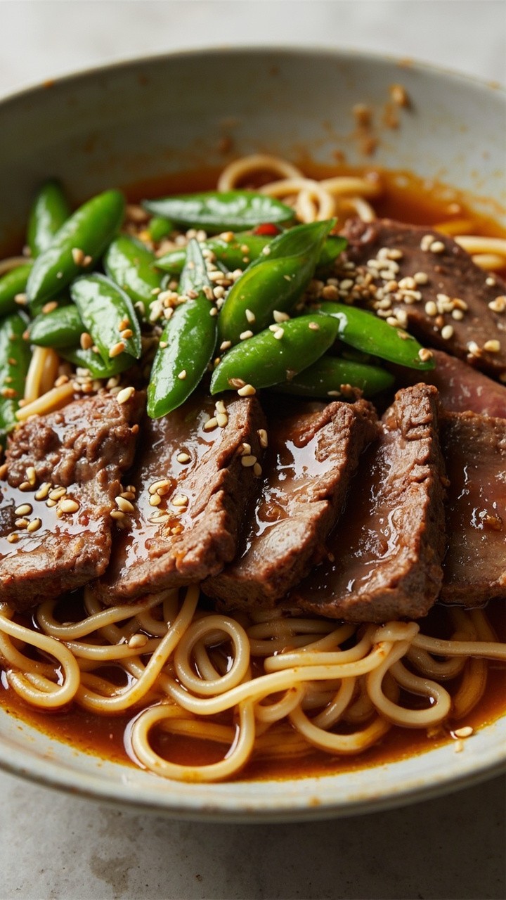 Ramen noodles swirled in a shallow bowl, topped with glossy sliced beef glazed in teriyaki sauce, a sprinkle of sesame seeds, and a scattering of sautéed snap peas.