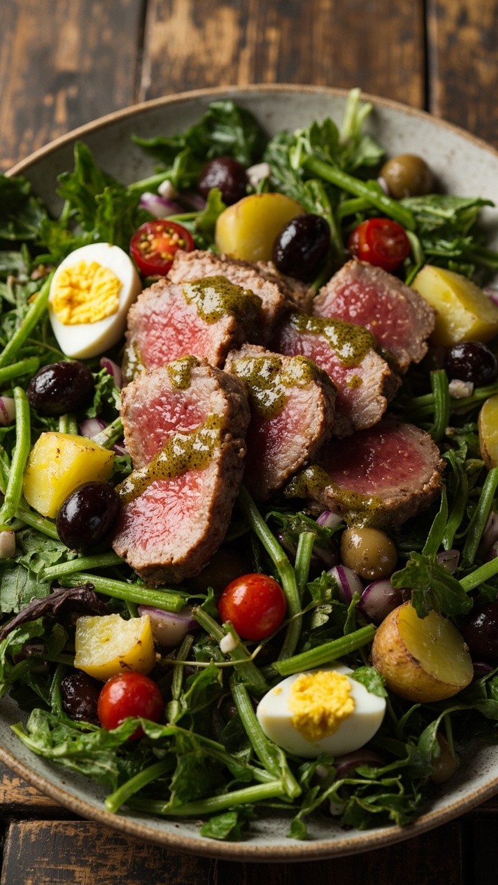A large shallow bowl filled with mixed greens, blanched green beans, boiled potatoes, cherry tomatoes, olives, and quartered hard-boiled eggs, topped with slices of pink-centered tuna steak and a drizzle of vinaigrette.