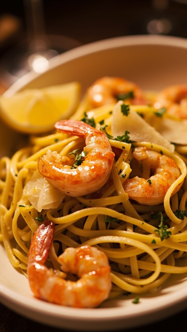 A tangle of linguine swirled onto a shallow white bowl, coated in glossy, lemon-garlic sauce. Large shrimp are nestled on top, scattered with chopped parsley and shavings of parmesan. A wedge of lemon sits nearby. A tangle of linguine swirled onto a shallow white bowl, coated in glossy, lemon-garlic sauce. Large shrimp are nestled on top, scattered with chopped parsley and shavings of parmesan. A wedge of lemon sits nearby.
