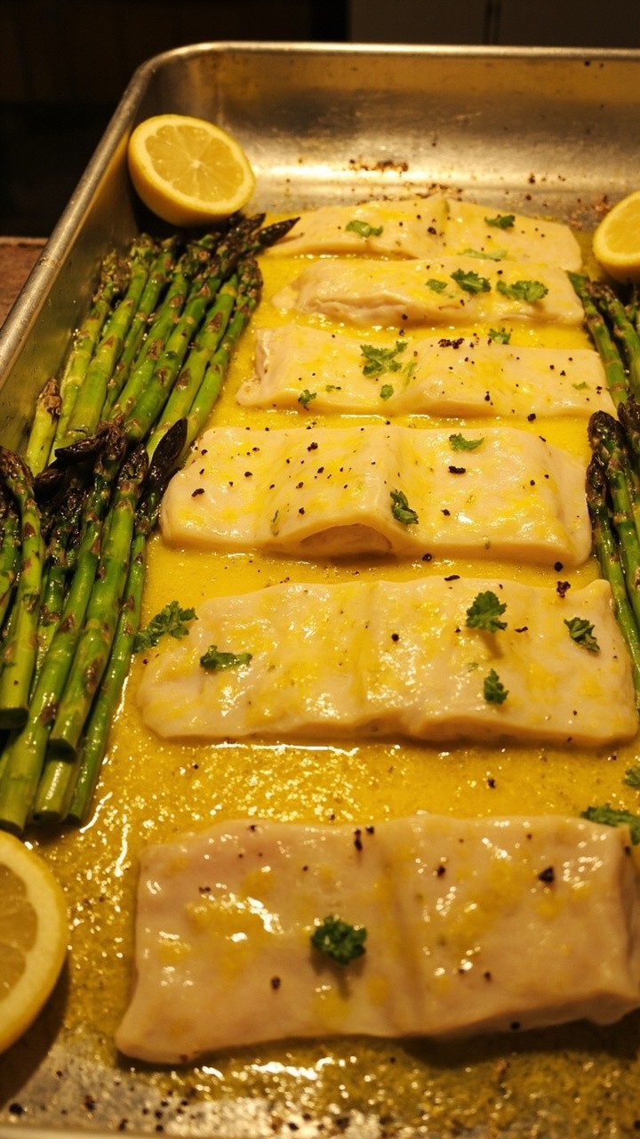A rimmed sheet pan with two rows: fillets of white fish glistening with melted garlic butter, and trimmed bright green asparagus. Halved lemon for squeezing and a light sprinkle of chopped parsley finish it off.