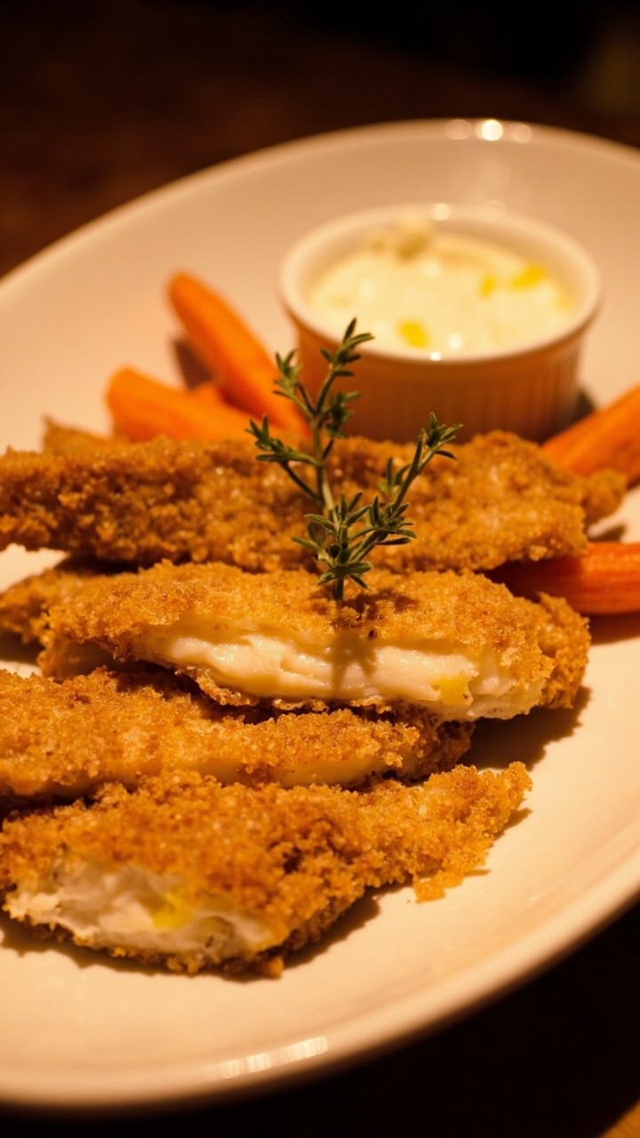 Plump, golden cod fillets with bubbled panko crust resting in an oval white dish. They’re flanked by roasted carrot sticks, a sprig of thyme, and a ramekin of lemon yogurt dip.