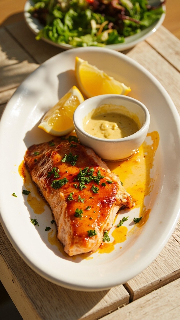 A golden-scorched salmon fillet glazed with amber maple-Dijon sauce sits on a white oval plate, garnished with chopped parsley. There's a small bowl of extra sauce on the side and a few lemon wedges. Everything rests on a pale wooden picnic table with a green salad in the background.