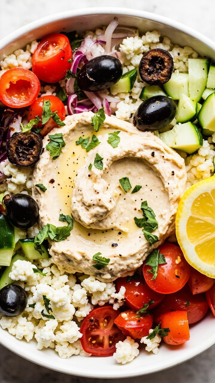 A wide bowl layered with cauliflower rice, cherry tomatoes, cucumber, sliced olives, crumbled feta, and a dollop of hummus. A lemon wedge and chopped parsley for garnish.