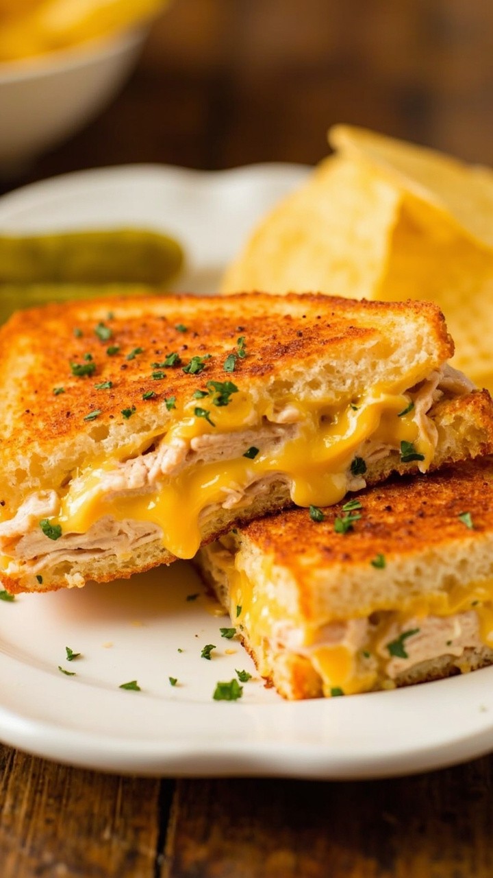 Golden, toasted sandwich halves on a white plate, the cheesy tuna filling oozing slightly from the crust. A small pile of pickle slices and kettle chips sits on the side. The melted cheddar is visible along the cut edge, and a sprinkle of fresh chopped parsley adds color.