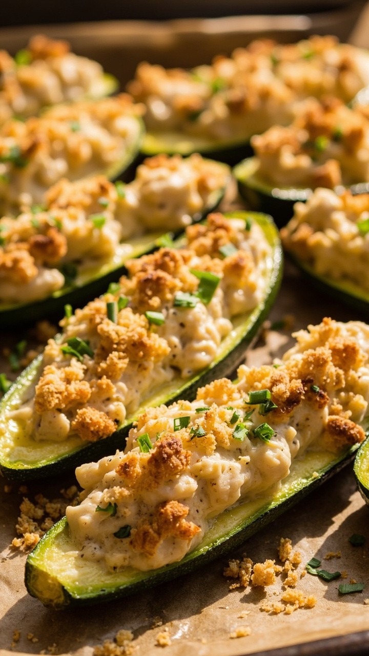 Halved zucchini baked until tender, each filled with a cheesy crab mixture and topped with golden breadcrumbs, on a baking sheet lined with parchment. Chopped herbs sprinkled on top. Halved zucchini baked until tender, each filled with a cheesy crab mixture and topped with golden breadcrumbs, on a baking sheet lined with parchment. Chopped herbs sprinkled on top.