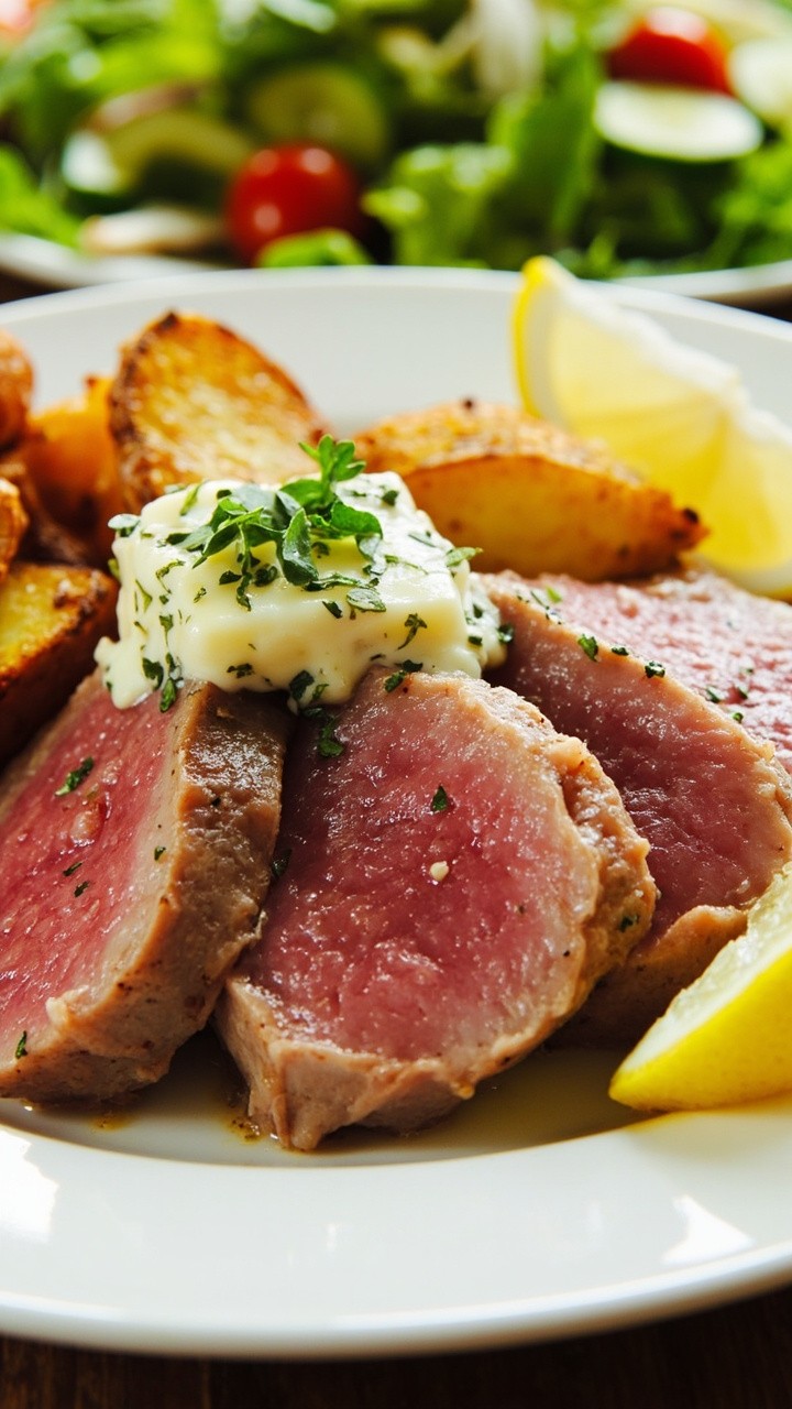 Thick slices of seared tuna steak fanned on a white plate, bright pink in the center, topped with melting lemon herb butter and a sprinkle of fresh parsley. A wedge of lemon and a few roasted potatoes rest at the side, with a crisp green salad peeking in the background.