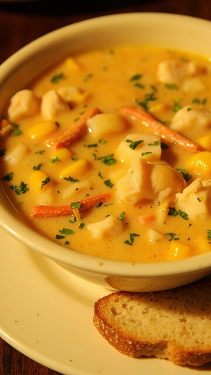 A wide, cream-colored bowl of thick chowder brimming with corn, crab, potato chunks, and flecks of parsley, with a piece of crusty bread on the side. A wide, cream-colored bowl of thick chowder brimming with corn, crab, potato chunks, and flecks of parsley, with a piece of crusty bread on the side.