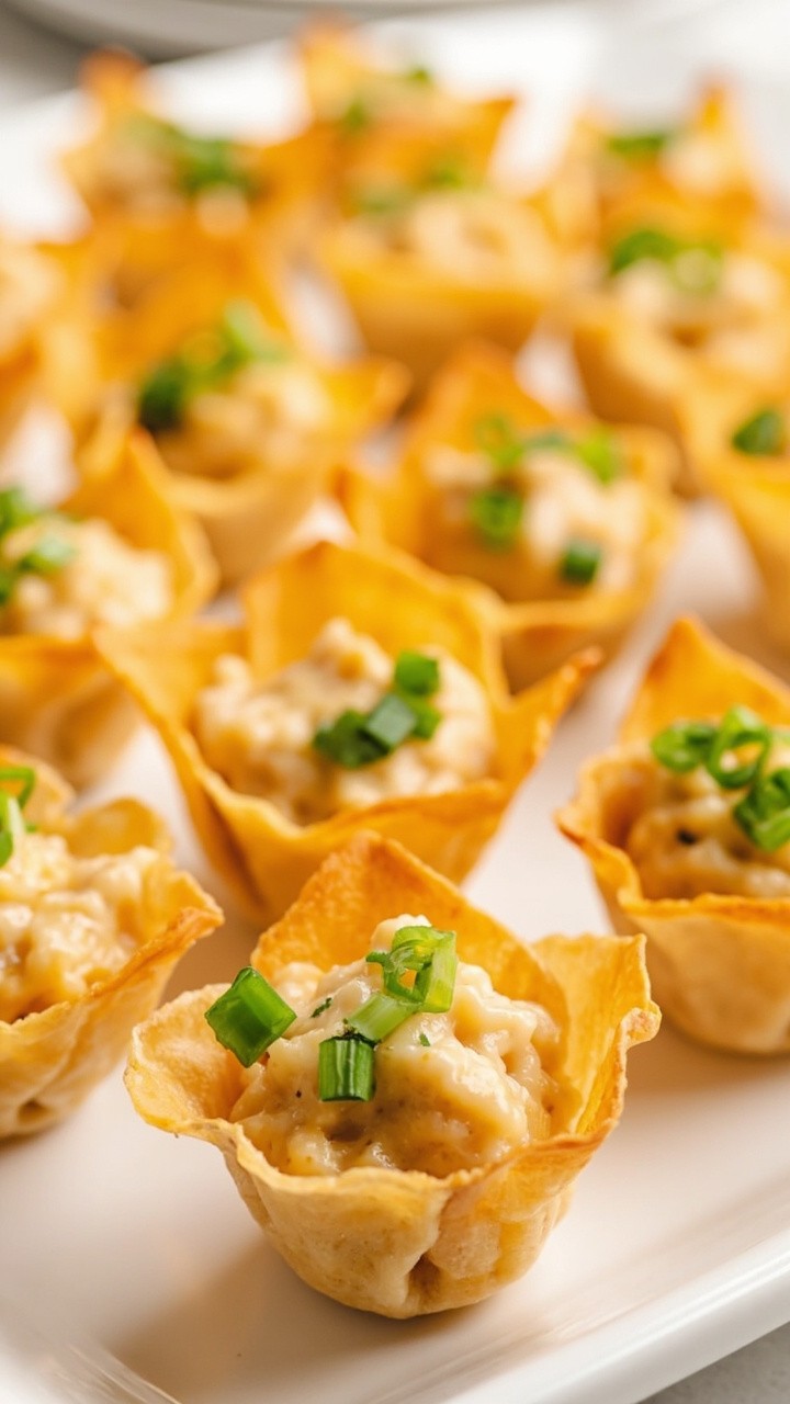 Mini wonton cups, golden and crisp, filled with creamy crab filling and sprinkled with green onions, arranged in rows on a white serving platter. Mini wonton cups, golden and crisp, filled with creamy crab filling and sprinkled with green onions, arranged in rows on a white serving platter.