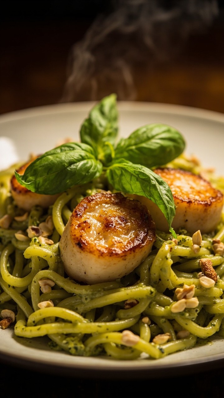 Short fusilli swirled in a light green creamy pesto sauce, dotted with plump, seared scallops, and topped with extra pine nuts and a few fresh basil leaves.