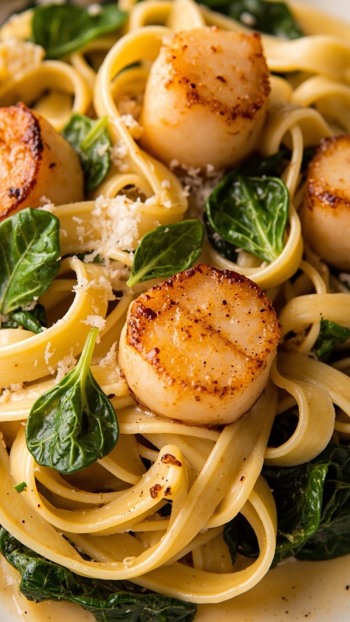 Wide, flat fettuccine ribbons mixed with wilted bright green spinach and scattered with plump seared scallops. The whole dish is enveloped in a smooth, pale cream sauce and finished with a flourish of grated cheese and a few leaves of fresh baby spinach.