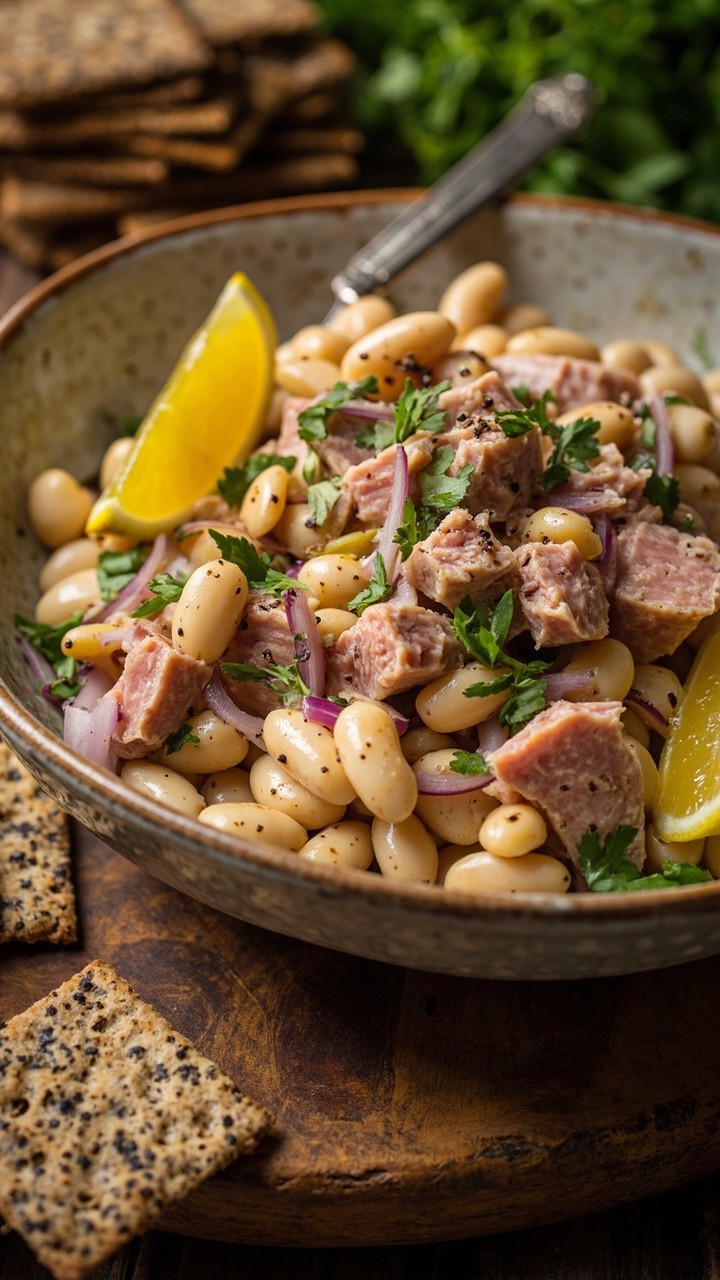 A shallow, rustic ceramic bowl with white beans, chunks of tuna, minced red onion, chopped parsley, and a light olive oil dressing. Lemon wedges and a scattering of cracked black pepper on top. A fork and a stack of seedy crackers are nearby.
