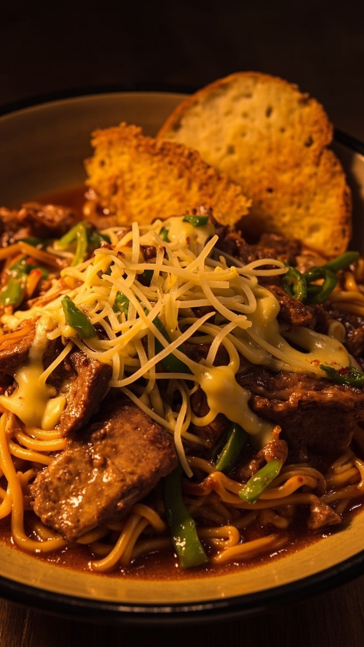 A generous bowl stacked with ramen noodles, strips of seared beef, sautéed green peppers and onions, all smothered with gooey melted provolone cheese, with a few crispy baguette slices on the side.