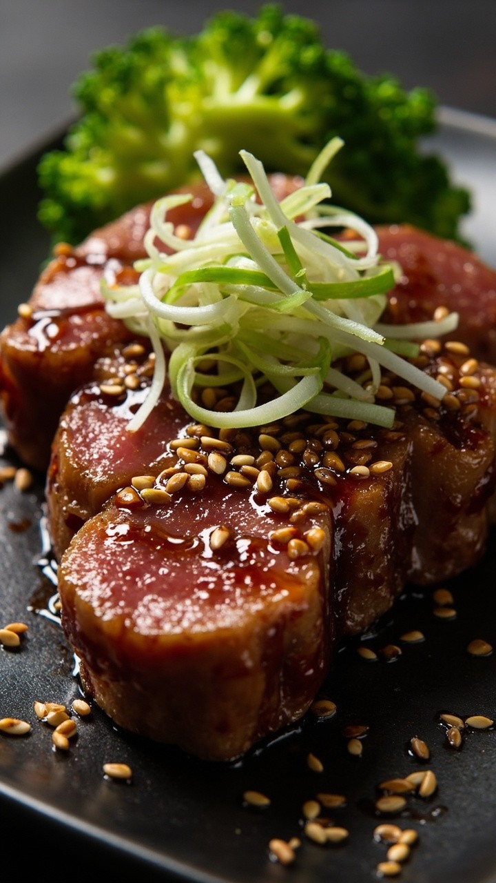 Glossy slices of tuna steak, browned and slightly sticky from miso glaze, sprinkled with sesame seeds and sliced scallions, served on a small rectangular sushi plate with a side of steamed broccoli.