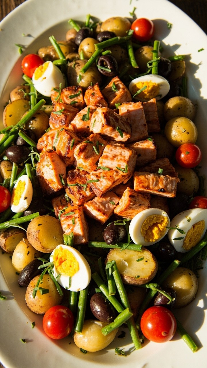 A broad white platter displays grilled salmon chunks surrounded by boiled baby potatoes, green beans, cherry tomatoes, olives, and soft-boiled eggs. Everything is scattered with snipped chives and drizzled with Dijon vinaigrette.