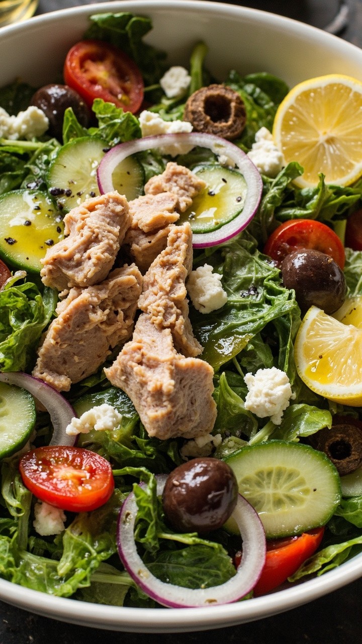 A wide, shallow bowl filled with leafy greens, cherry tomato halves, sliced cucumber, flaked tuna chunks, Kalamata olives, red onion rings, and crumbled feta. Lemon wedges sit on the rim, and everything is lightly drizzled with olive oil.