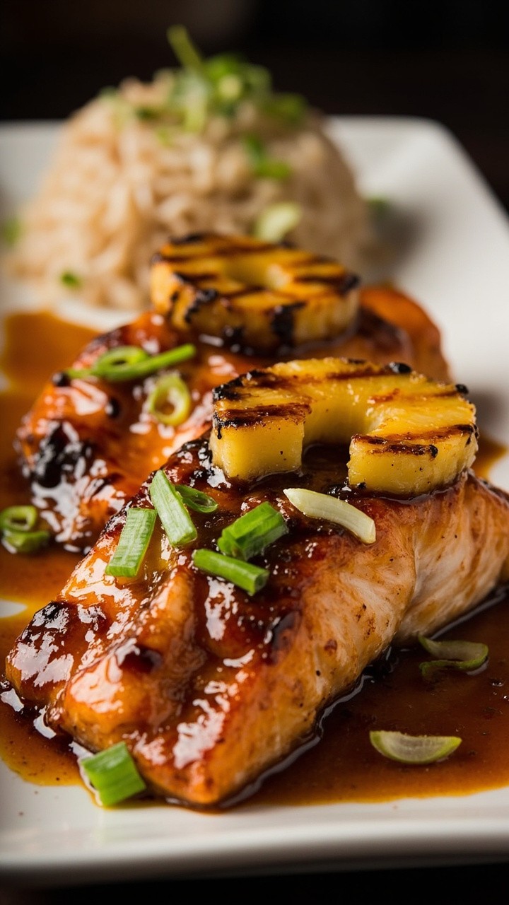 Charred salmon fillets with glossy teriyaki glaze are topped with grilled pineapple rings and scallion slices. Everything is arranged on a rectangular platter, set with a side of steamed jasmine rice.