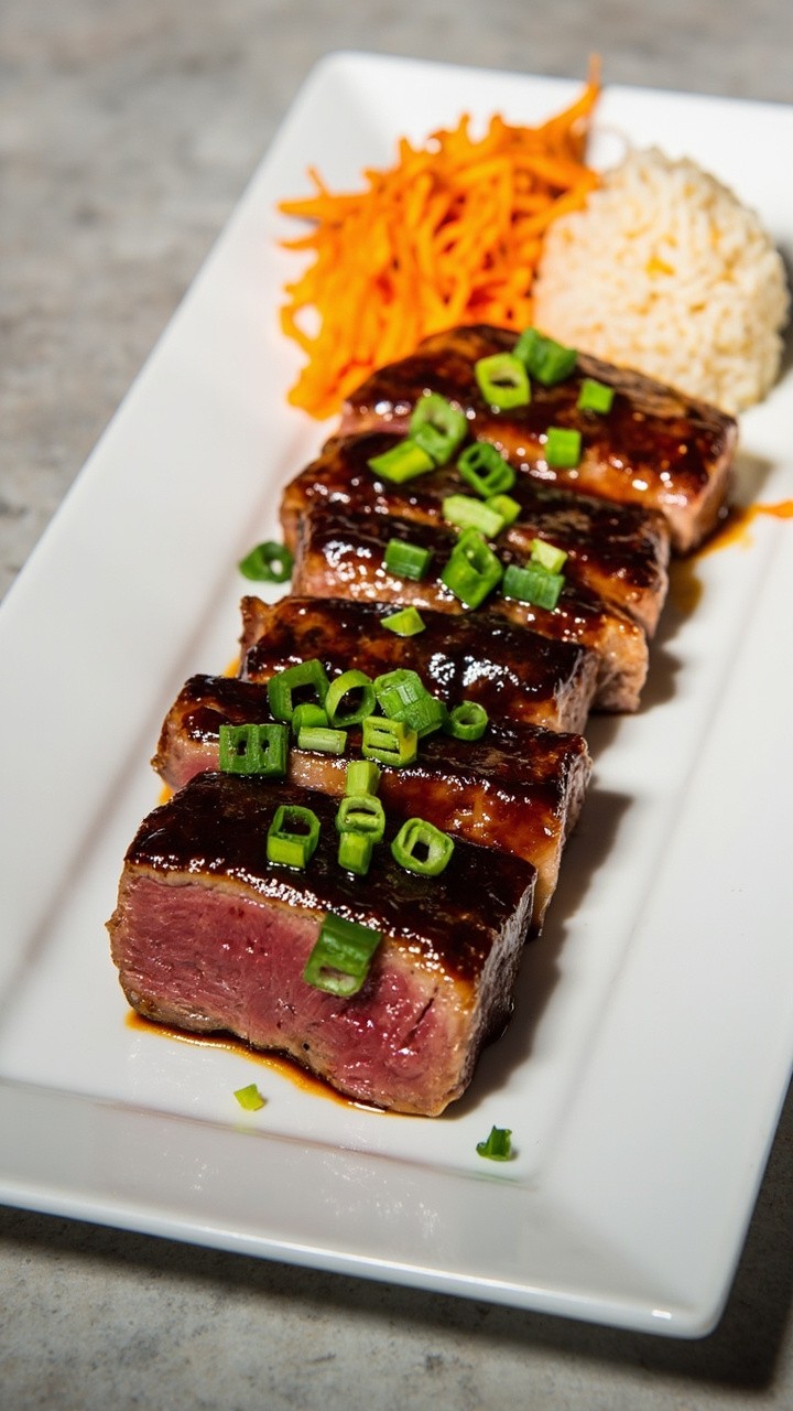 Slices of tuna steak, glistening with a dark soy glaze and topped with a few chopped scallions, are arranged on a rectangular white plate with sticky rice and shredded carrots on the side.