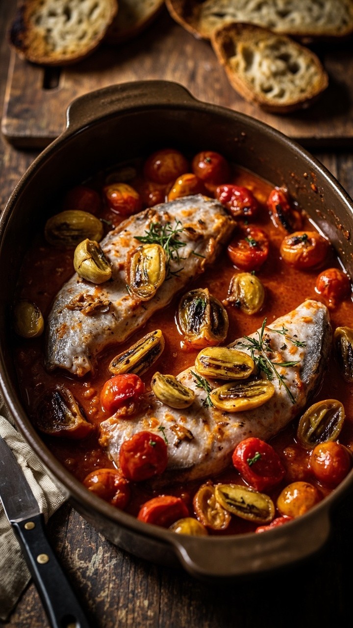 Fish fillets in a deep baking dish topped with whole roasted garlic cloves and blistered, juicy cherry tomatoes. The fish is surrounded by a light red sauce. Rustic baguette slices rest nearby on a wooden board.