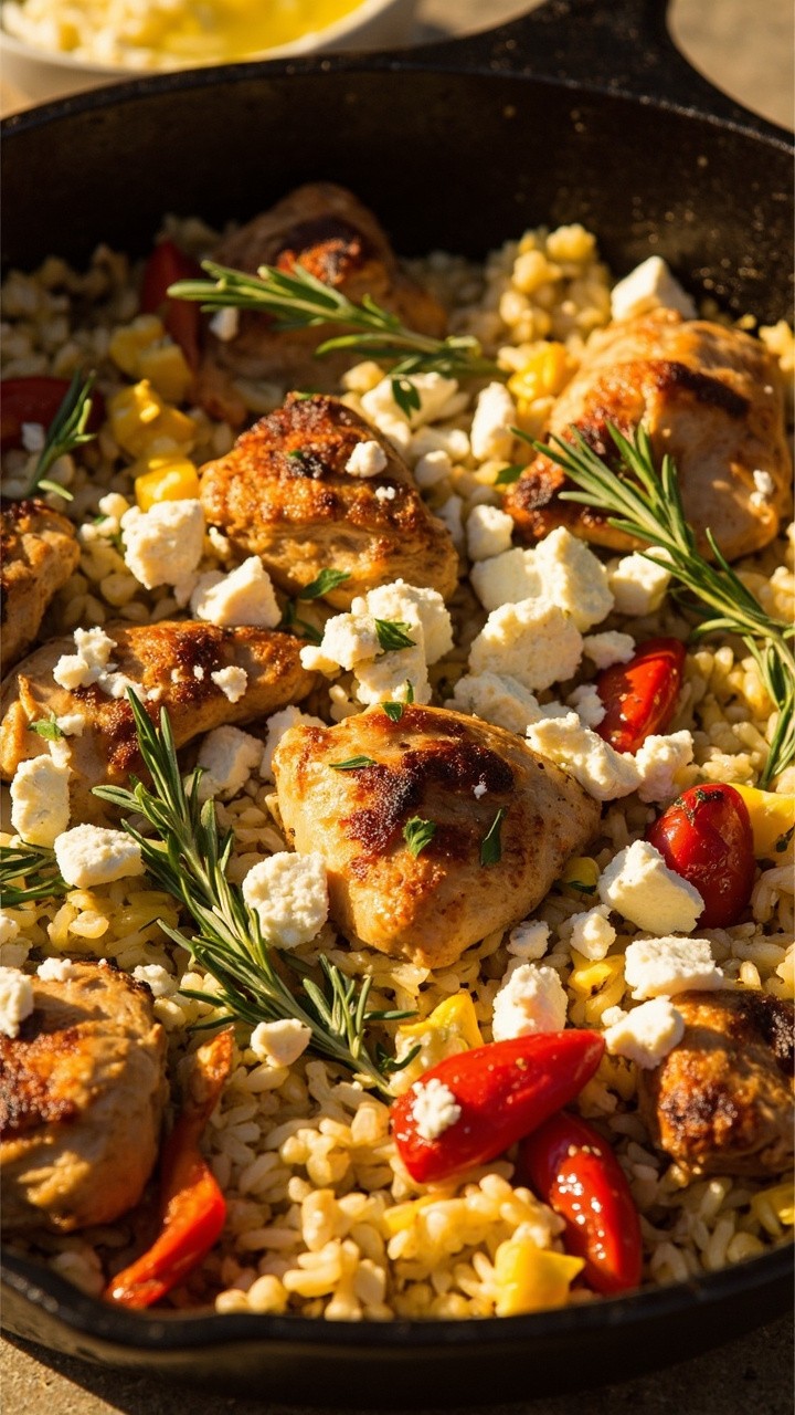 A cast iron skillet filled with lemony cauliflower rice, golden-brown chicken chunks, roasted red peppers, and crumbled feta cheese, topped with fresh oregano sprigs.