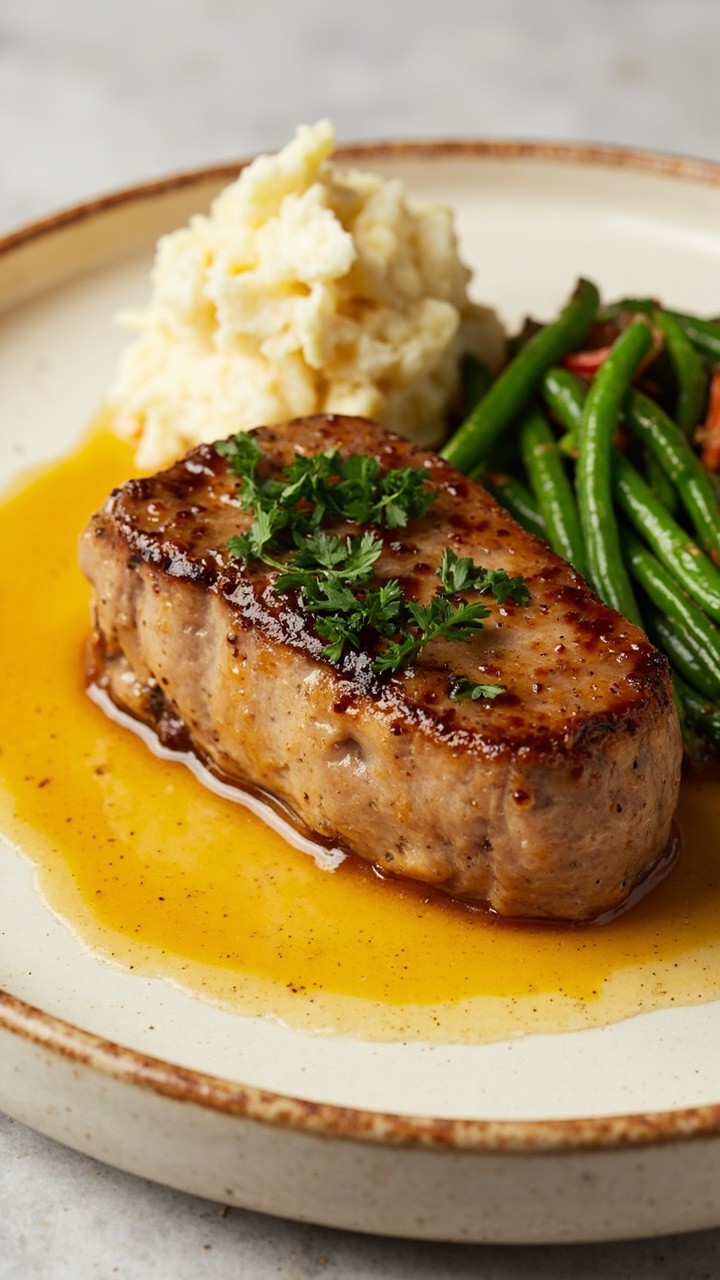 Tuna steak with a shiny, golden garlic butter glaze, garnished with parsley, served on a round ceramic plate. A side of mashed potatoes and sautéed green beans cozy up to the tuna.